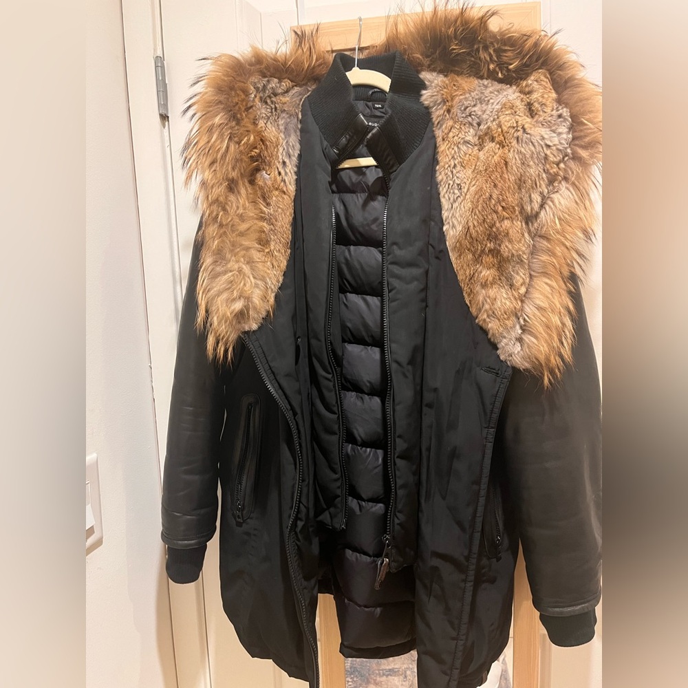 Rudsak Mix Media Black Winter Coat with Leather Sleeves